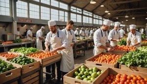 Cuisine professionnelle et cagettes de légumes locaux dans un marché de gros