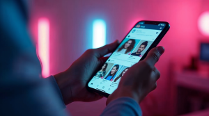 Smartphone affichant un fil de profil sur fond néon